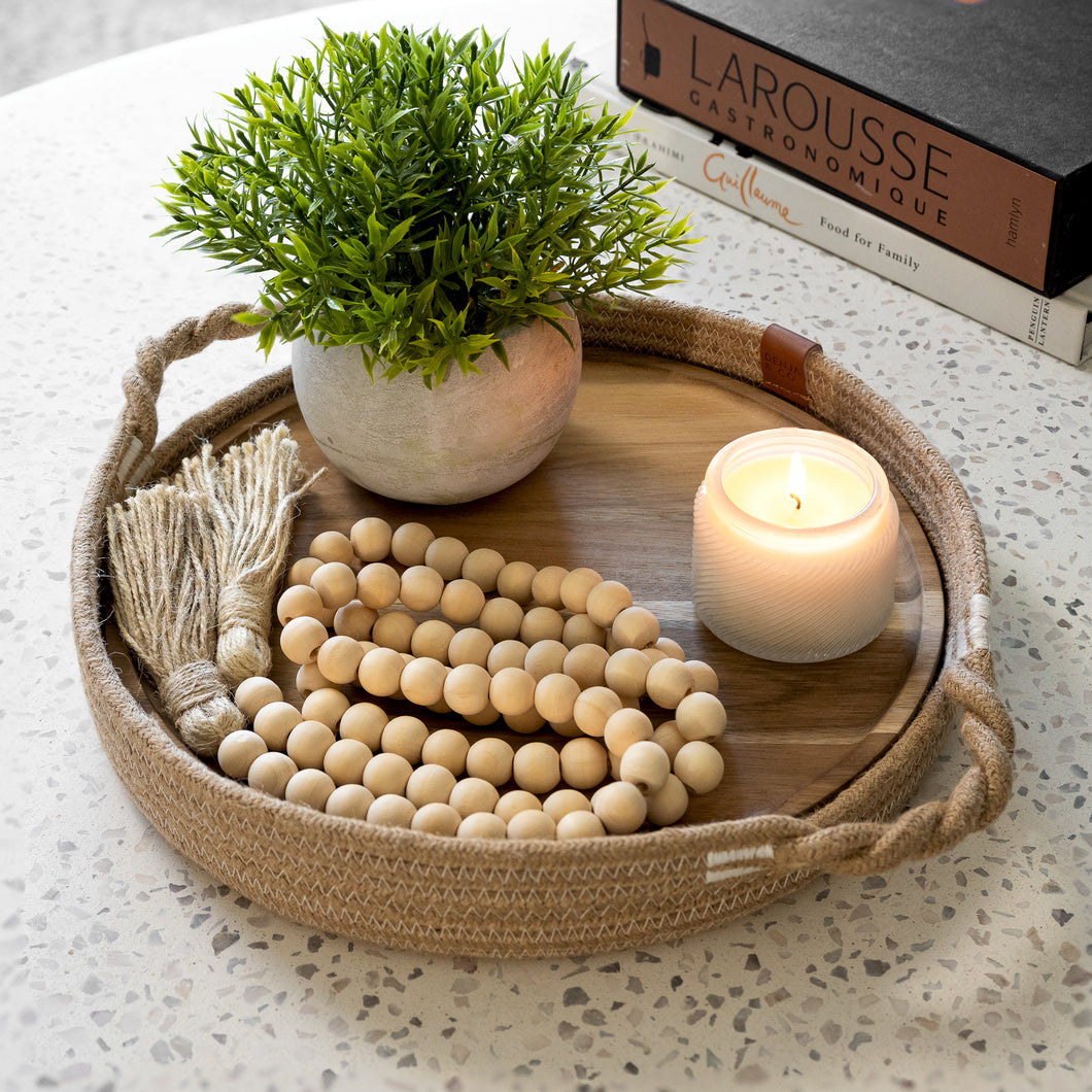 Decorative Tray with Removable Acacia Wood Plate (Jute Rope - Brown)