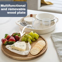 Load image into Gallery viewer, Decorative Tray with Removable Acacia Wood Plate (Cotton Rope - Off White)
