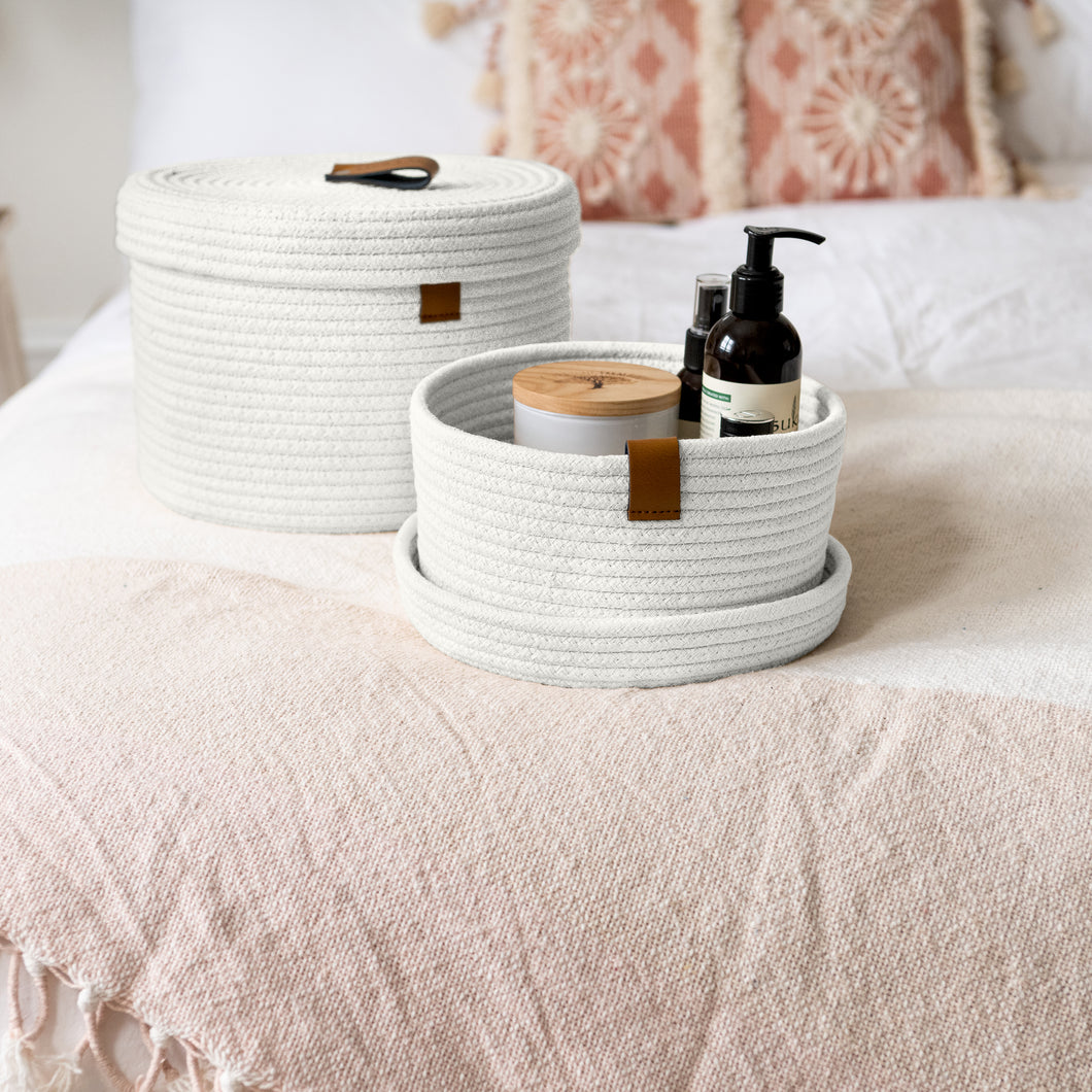 Set of Two Lidded Baskets - Ivory White